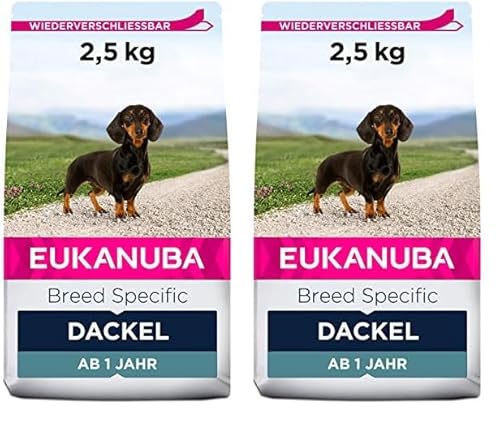 Eukanuba Breed Specific Dackel Trockenfutter - optimal auf die Rasse abgestimmtes Premium Hundefutter mit Huhn, 2,5 kg (Packung mit 2) von Eukanuba