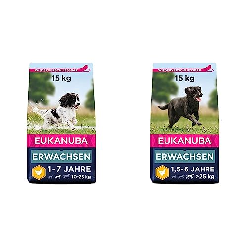 Eukanuba Hundefutter mit frischem Huhn für mittelgroße Rassen, Premium Trockenfutter für ausgewachsene Hunde & Hundefutter mit frischem Huhn für große Rassen von Eukanuba