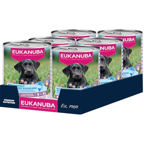 Eukanuba Welpenfutter Nass mit Forelle und Süßkartoffeln, Getreidefreies Premium Nassfutter für Junior Hunde, 6 x 400 g Dosen von Eukanuba