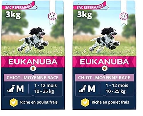 Eukanuba Welpenfutter mit frischem Huhn für mittelgroße Rassen, Premium Trockenfutter für Junior Hunde, 3 kg (Packung mit 2) von Eukanuba