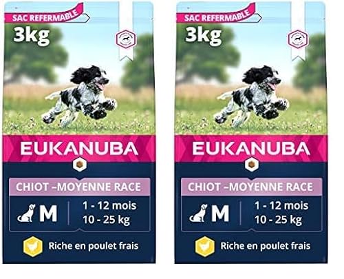 Eukanuba Welpenfutter mit frischem Huhn für mittelgroße Rassen, Premium Trockenfutter für Junior Hunde, 3 kg (Packung mit 2) von Eukanuba