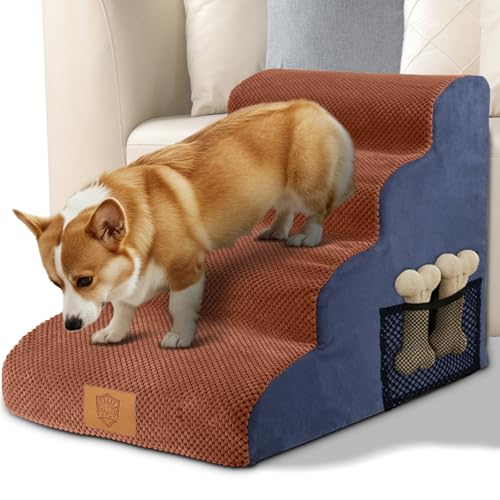Eukue Hundetreppe, rutschfeste Hundetreppe für Kleine Hunde und Katzen, 4-Stufige Hundetreppe für Bett und Sofa, Hundetreppe aus Hochdichtem Schaumstoff, Tragbare Haustiertreppe mit Waschbarem Bezug von Eukue