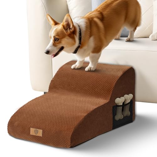 Eukue Hundetreppe 2 Stufen, Verlängert Hunderampe für Kleine Hunde und Katzen, Hochdichtem Schaum Haustiertreppe für Bett und Sofa aus, Tragbare Treppe für Hunde mit Waschbarem Bezug(Braun) von Eukue