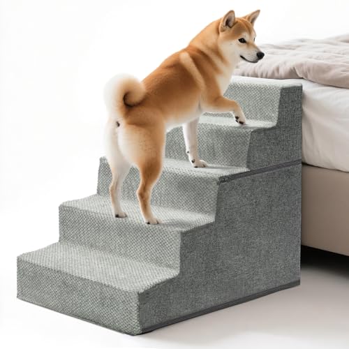 Eukue Hundetreppe 5 Stufen, Faltbare Hundetreppe für Kleine Hunde und Große Hunde, Haustiertreppe Hunderampe aus Schwamm, rutschfeste Hundetreppen Katzentreppe mit Waschbarer Bezug für Bett,Sofa-Grau von Eukue