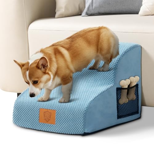 Eukue Hundetreppe für Kleine Hunde und Katzen, 2-Stufige hunderampe für Bett und Sofa, Haustiertreppe aus Hochdichtem Schaumstoff, Tragbare Treppe für Hunde mit Waschbarem Bezug(Blau) von Eukue