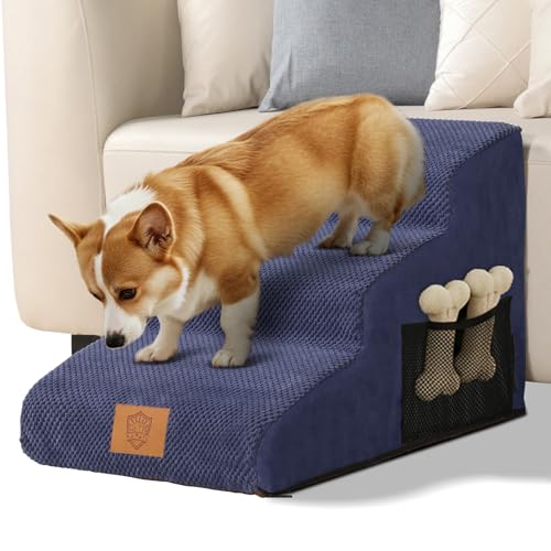 Eukue Hundetreppe für Kleine Hunde und Katzen, 3 Stufen Hundetreppen für Bett und Sofa, Hunderampe aus Hochdichtem Schaumstoff, Tragbare Haustiertreppe mit Bezug,Blau von Eukue