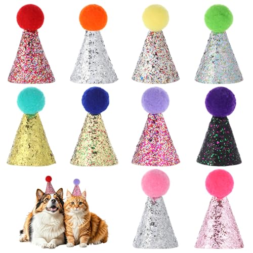 10 Packungen mehrfarbige Katzen-Geburtstagshüte mit Pailletten und Pompons, Glitzer, verstellbar, Mini-Hunde-Urlaubsparty-Hüte für Kaninchen, kleine Stofftiere, Kostüm-Zubehör für Urlaub und 10 Packungen mehrfarbige Katzen-Geburtstagshüte mit Pailletten und Pompons, Glitzer, verstellbar, Mini-Hunde-Urlaubsparty-Hüte für Kaninchen, kleine Stofftiere, Kostüm-Zubehör für Urlaub und von EupHHonycs
