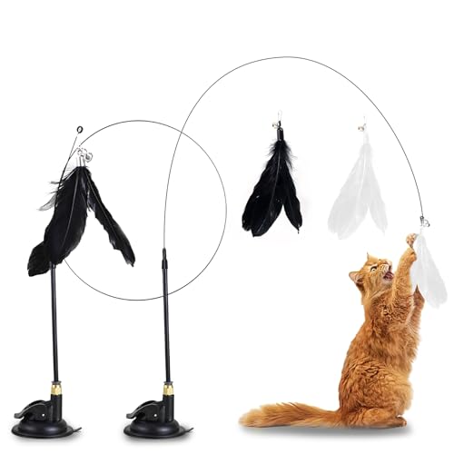 Eupneicu Katzen Spielzeug [2 Pcs], Katzenangel Stabil Mit Saugnäpfen - Katzenspielzeug Angel Mit Federn, Natürlich Interaktives Katzenspielzeug Für Katzen, Intelligenz Spielzeug Mit Federn von Eupneicu