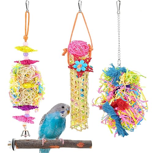 Eurobuy 4 x lustige Vogelfuttersuche-Spielzeug, Papageien, buntes Kauspielzeug für Papageien, kleine und mittelgroße Vögel, Vogelkäfig, hängende Dekoration mit Glocken, Holzständer von Eurobuy
