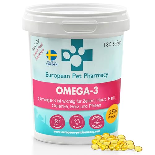 European Pet Pharmacy - Fischöl für Hunde/Fischöl Katze, Hochdosiertes Ergänzungsmittel für Hunde, Reich an Omega 3 & 6 Gelenktabletten, Hund und Katze bei Juckender Haut - Mobilität - 180 Softgels von European Pet Pharmacy
