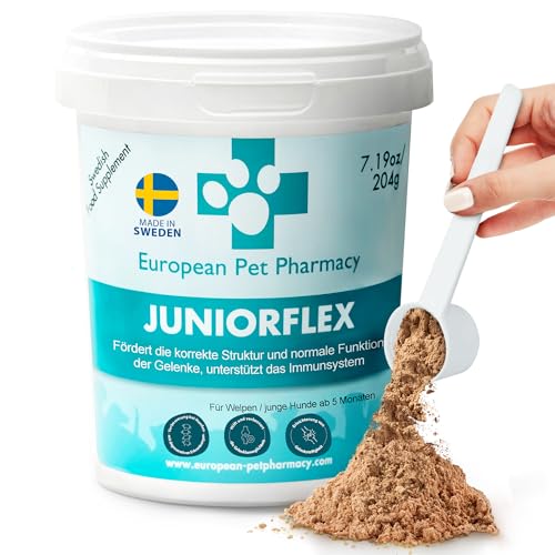 European Pet Pharmacy JUNIORFLEX 204 g Grünlippmuschelpulver für Hunde & Welpen - Nahrungsergänzungsmittel Hund und Katze mit Glucosamin Chondroitin und Vitamin C - Gelenkskomplex 4-18 Monate von European Pet Pharmacy