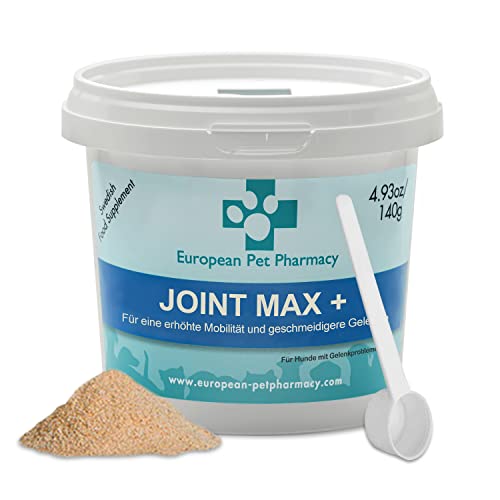 European Pet Pharmacy Joint Max+ Joint Care für Hunde Nahrungsergänzungsmittel Hund & Katze – Nährstoffreiche Formel mit Grünlippmuschel Hund – Jedes Alter – 140 g Glucosamin Chondroitin Pulver von European Pet Pharmacy