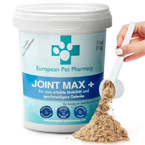 European Pet Pharmacy Joint Max+ Joint Care für Hunde — Nahrungsergänzungsmittel Hund & Katze – Nährstoffreiche Formel mit Grünlippmuschel Hund – Jedes Alter – 310 g Glucosamin Chondroitin Pulver von European Pet Pharmacy