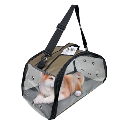 EVE Textile Hunde Tragetasche | Katzen Tragetasche | Hundetasche | Katzentasche | Hunde Umhängetasche | Katzen Umhängetasche | Atmungsaktive Tasche | Transparente Handtasche | 47x30x30 cm (Braun) von Eve Textile GmbH