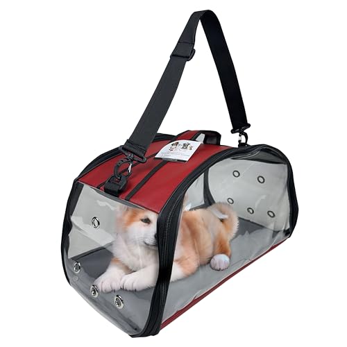 EVE Textile Hunde Tragetasche | Katzen Tragetasche | Hundetasche | Katzentasche | Hunde Umhängetasche | Katzen Umhängetasche | Atmungsaktive Tasche | Transparente Handtasche | 47x30x30 cm in Rot von Eve Textile GmbH