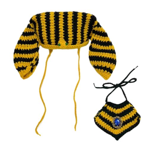 Evember Haustierkostüme | Lustiges Ägyptisches Katzenkostüm Hut | schwarz-goldfarbene gestreifte Mütze, Bandana, Party-Outfits, Strick-Hundekleidung für kleine und mittelgroße Rassen von Evember