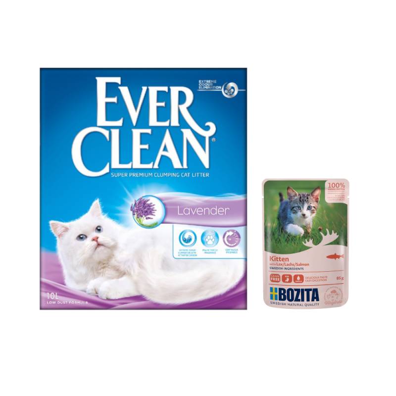 2 x 10 l Ever Clean® + 12 x 85 g Bozita Häppchen In Soße Kitten gratis!  - Lavender Klumpstreu + Lachs von Ever Clean