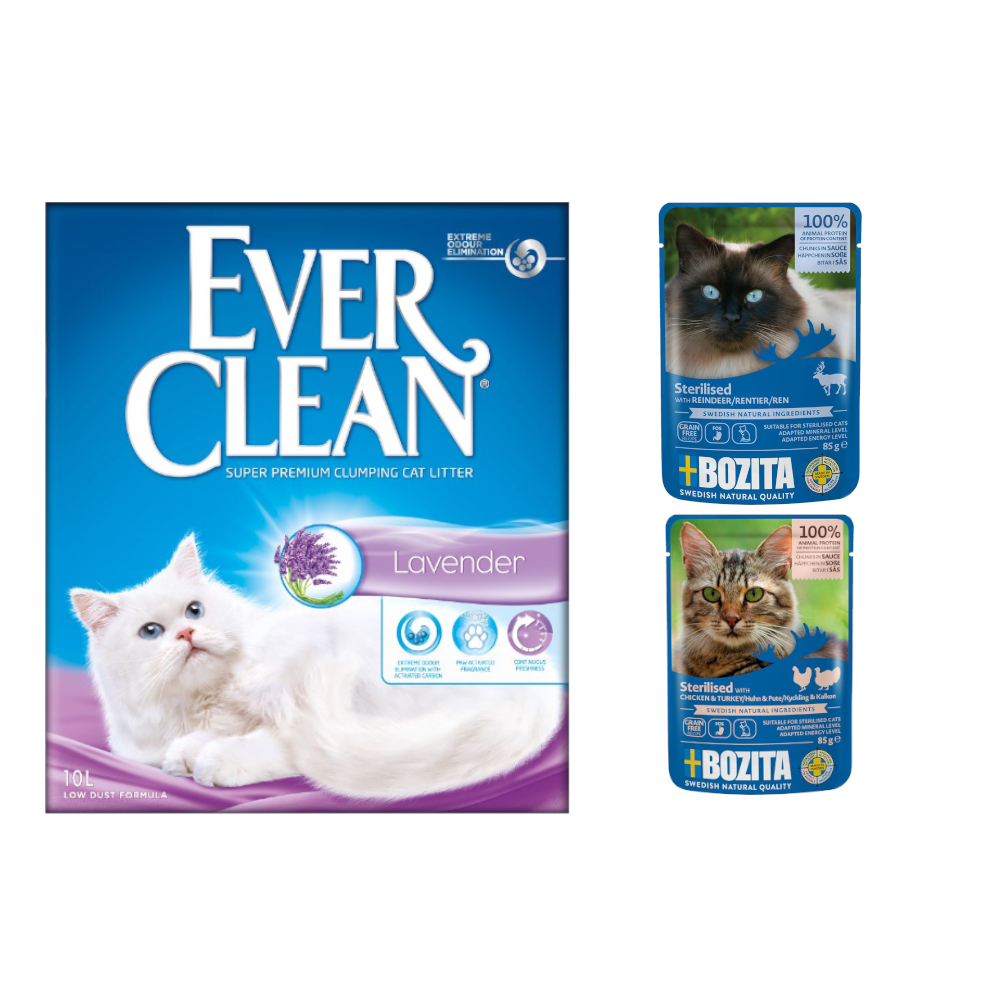 2 x 10 l Ever Clean® + 12 x 85 g Bozita Häppchen In Soße Sterilised gratis! - Lavender Klumpstreu + Mixpaket Fleisch Menü von Ever Clean