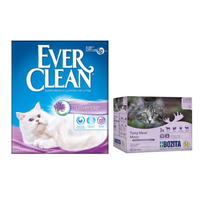 2 x 10 l Ever Clean® + 12 x 85 g Bozita Häppchen In Soße gratis!  - Lavender Klumpstreu + Mixpaket Fleisch Menü von Ever Clean