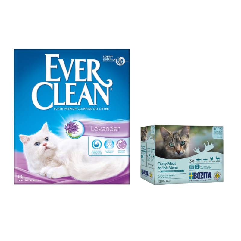 2 x 10 l Ever Clean® + 12 x 85 g Bozita Häppchen In Soße gratis! - Lavender Klumpstreu + Mixpaket Fleisch & Fisch Menü von Ever Clean