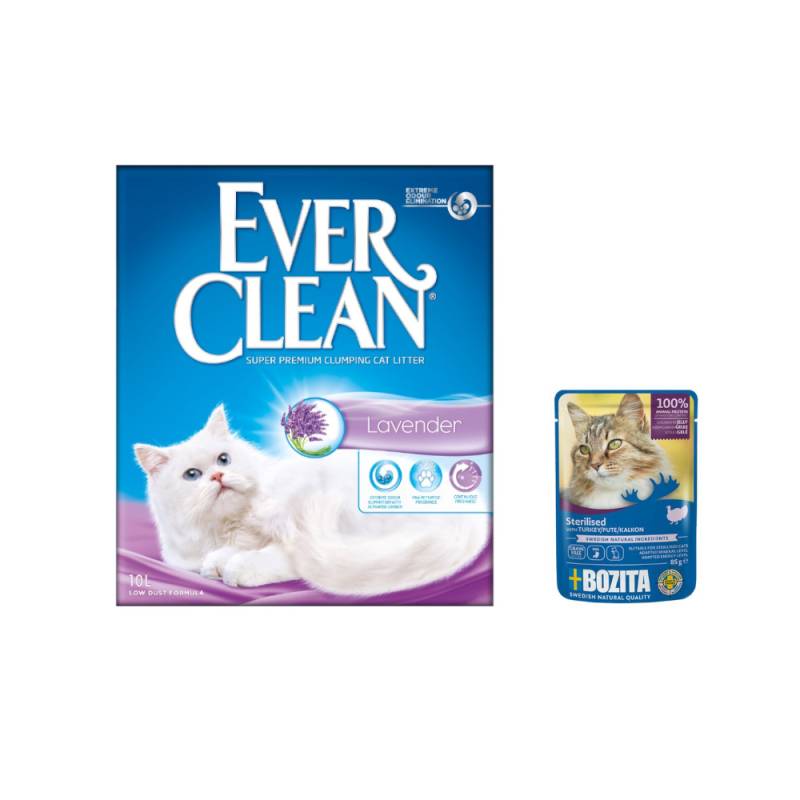 2 x 10 l Ever Clean® + 12 x 85 g Bozita Häppchen in Gelee Sterilised gratis! - Lavender Klumpstreu + Pute von Ever Clean