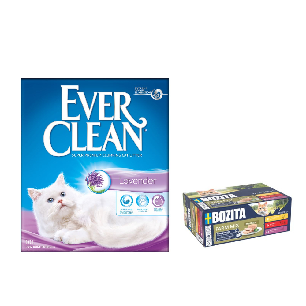 2 x 10 l Ever Clean® + 12 x 85 g Bozita Mousse gratis! - Lavender Klumpstreu + Mixed Farm von Ever Clean