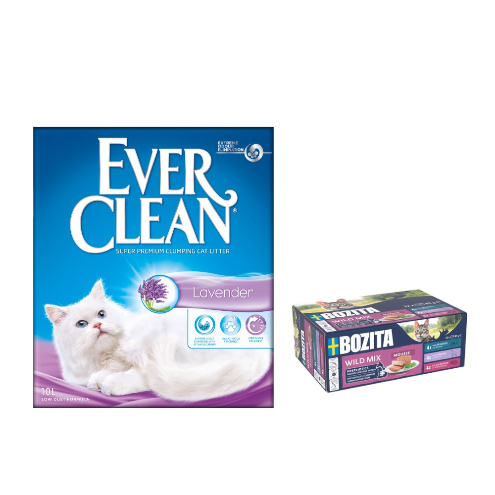 2 x 10 l Ever Clean® + 12 x 85 g Bozita Mousse gratis! - Lavender Klumpstreu + Wild Mix von Ever Clean