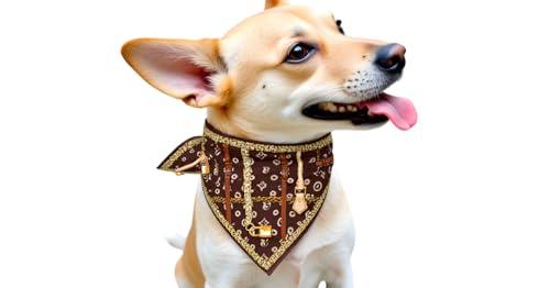 Luxuriöses Designer-Halstuch mit Monogramm-Muster, Dreieckstuch, Braun und Gold, Hundezubehör (Größe S, Chewy Pawtton) von Everything Chic