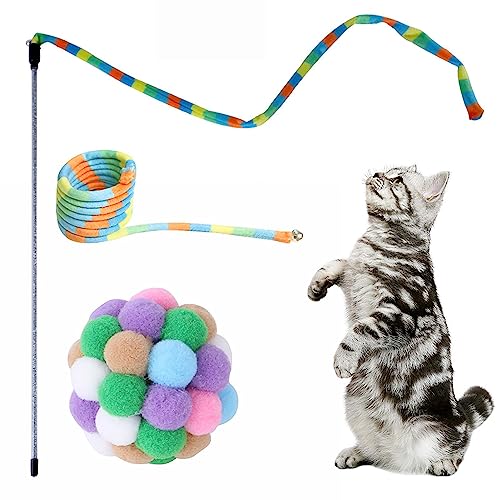 EviKoo Katzenband-Spielzeug, Katzenstab-Regenbogenspiel, Interaktive Katzen-Teaser-Zauberstabschnur, Bunter Zauberstab Mit Ball Für Katzen, Für Hauskatzen Und Kätzchen, Sicheres Katzenspielzeug von EviKoo