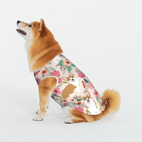 Corgi Floral Blumen Frühling Garten Haustier Katze Hund Shirt Baumwolle T-Shirt Haustier Weihnachten Pullover Weich Bequem Baumwolle Pyjama Haustier Katze Junge Hund Dress Up Kostüme von Evius