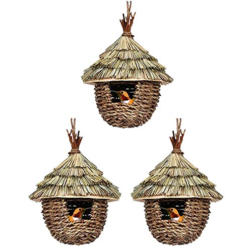 Evvmnaks 3 x Vogelhäuschen, handgewebt, hängendes Kolibri-Haus zum Verschachteln, natürliches Gras, Vogelnest für Garten, Terrasse von Evvmnaks