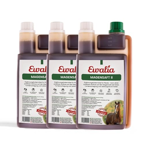 NEU! EWALIA Magensaft II - Spezial-Ergänzungsfuttermittel für Pferde bei Stress & Turnieraufregung - Unterstützung für empfindliche Mägen, mit Tierärzten entwickelt, 100% Natur pur, 3x1 Liter von Ewalia