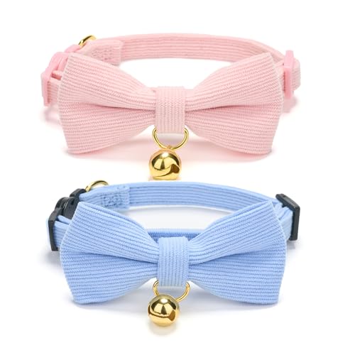 Ewinoom Katzenhalsbänder aus weichem Cord mit Fliege und Glöckchen, verstellbar, aus Baumwolle, für Mädchen, Jungen, Kätzchen, 2 Stück (Rosa und Blau) von Ewinoom