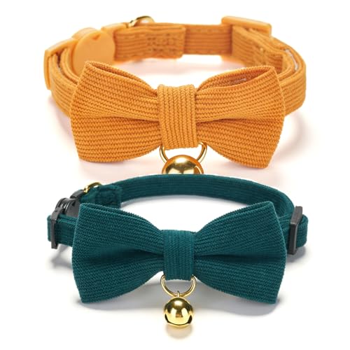 Ewinoom Katzenhalsbänder aus weichem Cord mit Fliege und Glöckchen, verstellbar, aus Baumwolle, für Mädchen, Jungen, Kätzchen, Gelb und Grün, 2 Stück von Ewinoom