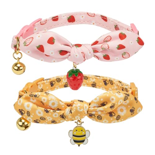 Ewinoom Katzenhalsbänder mit niedlicher Hasenohren-Fliege und Glocke, Fliege für weibliche Mädchen, Katzen (gelbe Biene und rosa Erdbeere), 2 Stück von Ewinoom