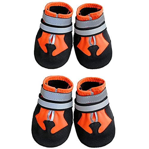 Ewolee Hundeschuhe, Pfotenschutz Hundestiefel rutschfeste wasserdichte Hundeschuhe mit Verstellbar Reflektierendem Riemen, Outdoor Hundeschuhe für Kleine Mittel Große Hunde Orange, 4 Stück von Ewolee