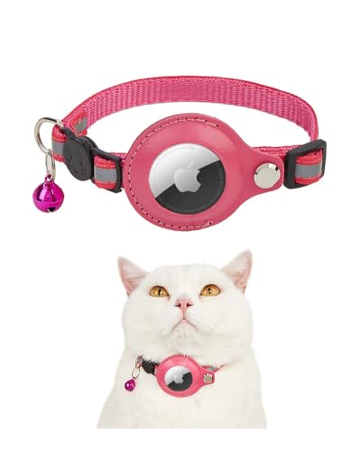 Exclent Reflektierendes Apple AirTag Katzenhalsband, verstellbares Nylon mit Glöckchen, 1 cm x 32,5 cm, Sicherheit bei Nacht (Rosarot) von ExcLent
