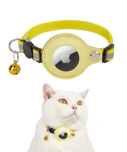 Exclent Reflektierendes Apple AirTag Katzenhalsband, verstellbares Nylon mit Glöckchen, 1 cm x 32,5 cm, Sicherheit bei Nacht (gelb) von ExcLent