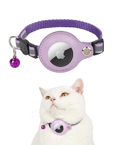 Exclent Reflektierendes Apple AirTag Katzenhalsband, verstellbares Nylon mit Glöckchen, 1 cm x 32,5 cm, Sicherheit bei Nacht (lila) von ExcLent