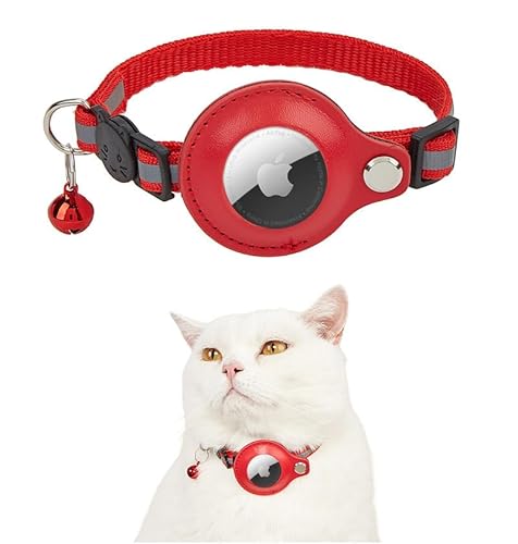 Exclent Reflektierendes Apple AirTag Katzenhalsband, verstellbares Nylon mit Glöckchen, 1 cm x 32,5 cm, Sicherheit bei Nacht (rot) von ExcLent