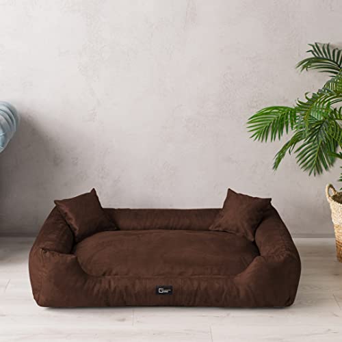 exclusive BED Hundebett Puffi Grosse Mittelgroße Kleine Hunde - Hundekissen Hundematte aus Alcantara-Stoff - Waschbar Kuschelig Langlebig Abriebfest Reißfest (L+| 90x70cm, Braun) von exclusive BED