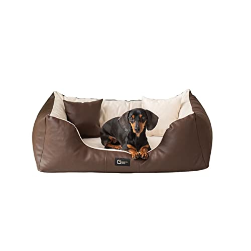 exclusive BED Orthopädisches Hundebett Eden Grosse Mittelgroße Kleine Hunde - Hundekissen Hundematte aus Öko-Leder + Alcantara-Stoff - Schmerzlindernd Abriebfest Reißfest (L, Braun-cremefarben) von exclusive BED