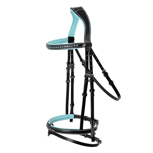 Exion Bling Pferdezaumzeug mit blauem Kristall-Stirnband und Trensen-Reisband | Weiche babyblaue Polsterung | Anatomisch gepolsterte Krone (Black, Over) von ExionPro