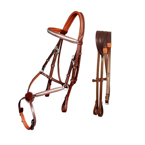 Exion Comfort gefüttertes Kronenstück Edelstahl Drahtreifen Stirnband und Figur 8 Zaumzeug mit Gummizügeln | Englische Zaumzeug für Pferde (Conker, VT Leather (Advanced Rider)-Pony) von ExionPro