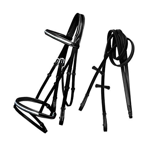 Exion Englisches Springzaumzeug mit integriertem Riemen – Weich gefüttertes Genickstück, Stirnband mit Edelstahl-Clincher-Nieten, kombiniertes Nasenband, Gummizügel (Black, Pony) von ExionPro