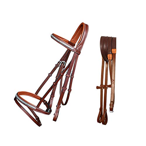 Exion Englisches Springzaumzeug mit integriertem Riemen – Weich gefüttertes Genickstück, Stirnband mit Edelstahl-Clincher-Nieten, kombiniertes Nasenband, Gummizügel (Conker, Pony) von ExionPro