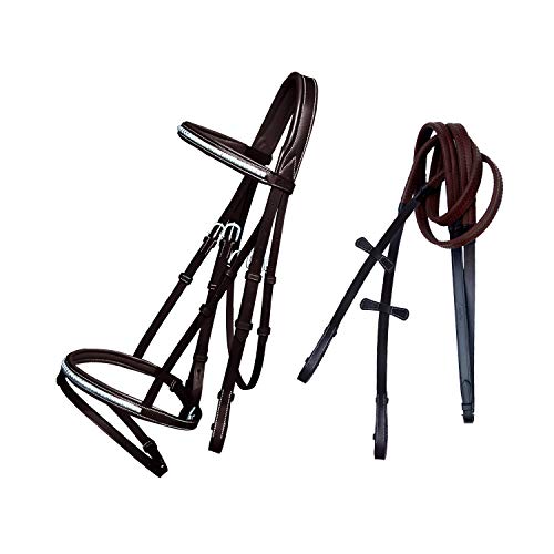 Exion Englisches Springzaumzeug mit integriertem Riemen – Weich gefüttertes Genickstück, Stirnband mit Edelstahl-Clincher-Nieten, kombiniertes Nasenband, Gummizügel (Havana, Pony) von ExionPro