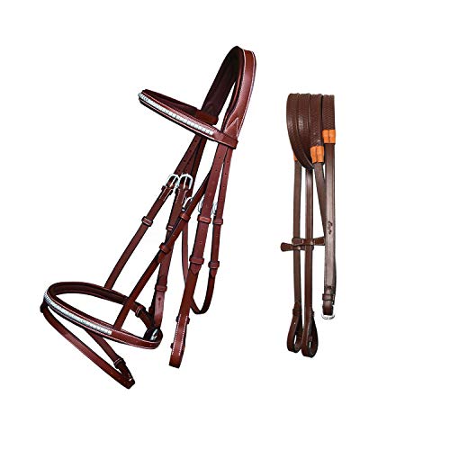 Exion Englisches Springzaumzeug mit integriertem Riemen – Weich gefüttertes Genickstück, Stirnband mit Edelstahl-Clincher-Nieten, kombiniertes Nasenband, Gummizügel (Oak Brown, Pony) von ExionPro