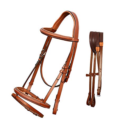 Exion Trense Reithalfter aus Leder für Pferde mit Mono-Kronstück und Gummizügeln | Designer Fancy Stitched English Horse Tack (VT Leather (Advanced Rider)-Cob, Conker) von ExionPro