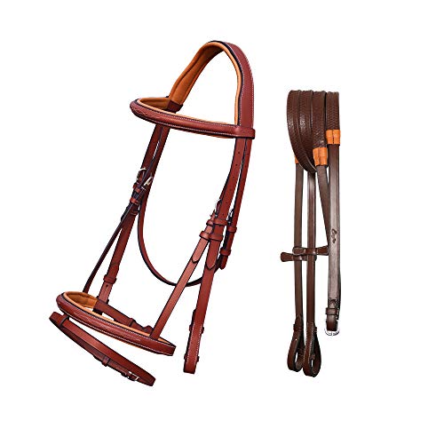 Exion Twin Designer Fancy Stitched Snaffle Horse Noseband & Browband with Mono Crownpiece Leather Trense with Rubber Reins | English Horse Tack (VT Leather (Advanced Rider)-Over, Oak Brown von ExionPro